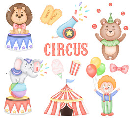 Set with circus, clown and animals, kids clip art © ekkoss