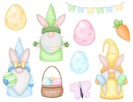 Cute watercolor easter gnomes and easter symbol