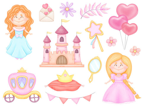 Set with princesses, castle, girly kids clip art