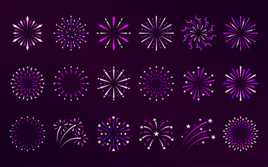 Firework sparkle holiday xmas beam flat set. Simple explosion party spark star shining sign celebrate christmas newyear birthday round icon. Greeting element design happy day postcard isolated