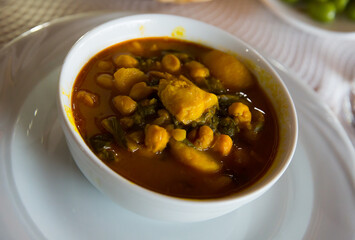 Delicious chickpea and chard ragout. Typical dish of Spanish regions..