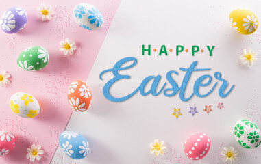 Happy easter decoration concept. Colourful Easter eggs and flowers with the text on pink and white background.