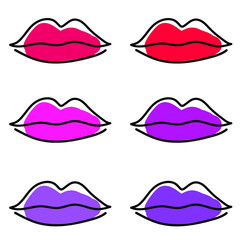 Red lips icon. Simple line mouth icon. Sexy open mouth with red lipstic. Makeup icon.Red lips hand drawn with ink paint brush and black pen outline, isolated on white background. Vector illustration

