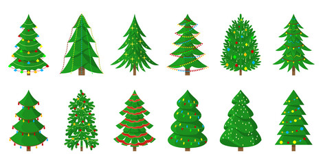 Christmas tree richly decorated holiday flat set. Xmas traditional object green variety toy light. Simple evergreen icon print postcard sticker decoration collage new year advertising isolated white