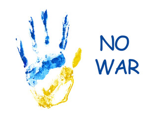 handprint in blue and yellow colors on a white background. peace in Ukraine. No war