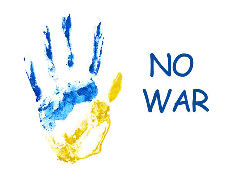 Handprint In Blue And Yellow Colors On A White Background. Peace In Ukraine. No War