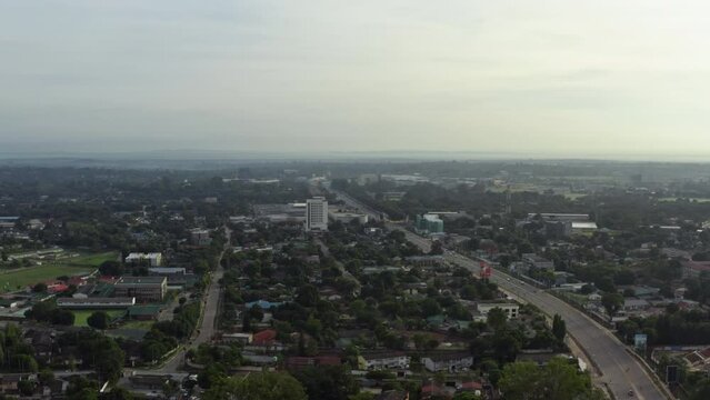 Aerial view Lusaka Zambia. Cityscape with roads and streets on which transport travels and African architecture.