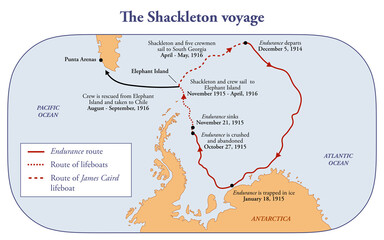 Map of the Shackleton expedition in Antarctica onboard of the Endurance