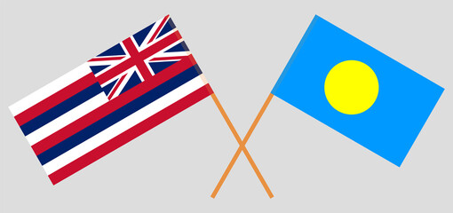 Crossed flags of The State Of Hawaii and Palau. Official colors. Correct proportion