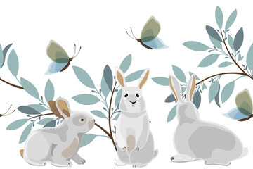 Vector Easter seamless pattern, border. Horizontal panoramic illustration with three bunnies.