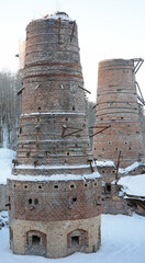 Remains of an abandoned marble and lime factory in Ruskeala, Republic of Karelia, Russia. Tall...
