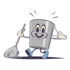 funny cartoon bucket with cleaning mop