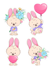 Cute bunny cartoon character, set of four poses
