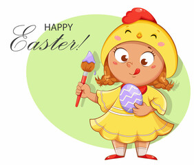 Happy Easter. Cartoon girl in costume of chicken