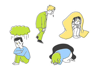 落ち込んでいる人々のセット　コミカルな手書きの人物イラスト　ベクター線画にシンプルな色つけ　白バック