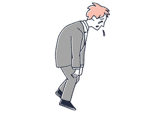 激しく落ち込んでいる男性　コミカルな手書きの人物イラスト　ベクター線画にシンプルな色つけ　白バック