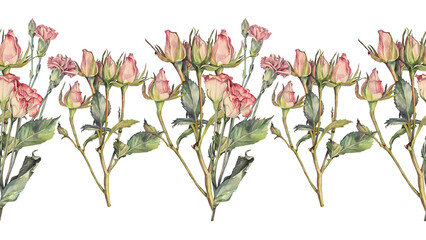 Seamless border watercolor branch with pink roses and carnation and green leaves isolated on  white background. Spring summer hand-drawn flower for a wedding, March 8 celebration. Art for sticker