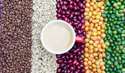 picture of ripe coffee beans, red berries Fresh Coffee Beans Coffee Beans Red Yellow Robusta Arabica Berry Harvest Coffee Yellow Bourbon - Powered by Adobe