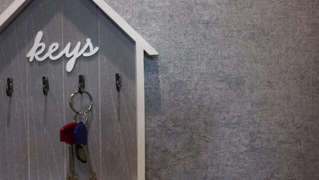 Keys On A Hook Key Holder In House Or Apartments. Dolly Slider Shot. 4k. ProRes.