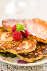 closeup pancakes with raspberry and mint breakfast sweet dessert sugar food eat yummy tasty bakery morning berry fruits berries plate delicious pastry nobody