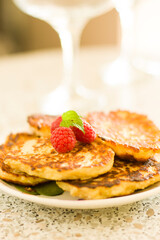 closeup pancakes with raspberry and mint breakfast sweet dessert sugar food eat yummy tasty bakery morning berry fruits berries plate delicious pastry nobody