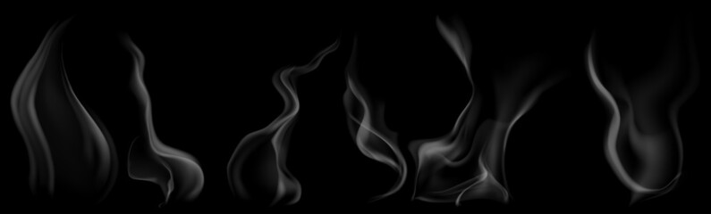 Set of several realistic transparent gray smokes or steam, for use on dark background. Transparency only in vector format