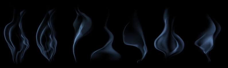 Obraz premium Set of several realistic transparent light blue smokes or steam, for use on dark background. Transparency only in vector format