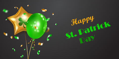 Illustration on St. Patrick's Day with several colored helium balloons: ordinary and in the form of a four-leaf clover, and falling pieces of serpentine. On black background