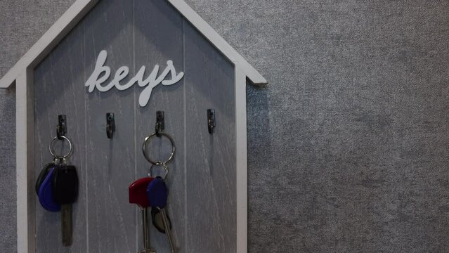 Keys On A Hook Key Holder In House Or Apartments. Dolly Slider Shot. 4k. ProRes.