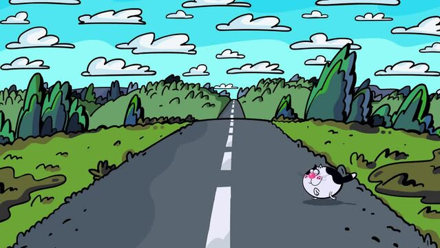 White cat crossing path as symbol of good or bad luck. Cartoon character animation style, moving landscape with clouds.