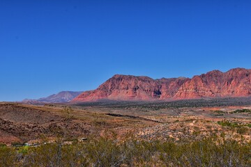 Snow Canyon Red Rock View from Petroglyphs hiking trail St George Utah on Land Hill from Ancestral Puebloan and Southern Paiute Native American settlements. USA.