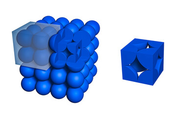 Structural model of the simple cubic crystal lattice. The lattice is built from layers of spheres stacked one directly above the other. The cutaway view shows one unit cell.