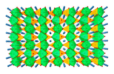 Lithium iron phosphate is the cathode material in lithium ion batteries.  FeO6 octahedra (green), bridged oxygen atoms (red), tetrahedral phosphate groups (PO4, yellow) and rows of Li+ ions  (gray).