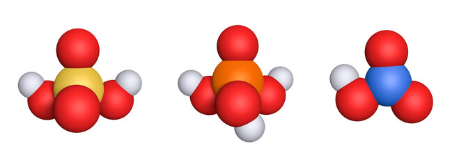 Three common oxo acids. sulfuric acid (left), phosphoric acid (middle), nitric acid (right). Shown as space-filling molecular models.