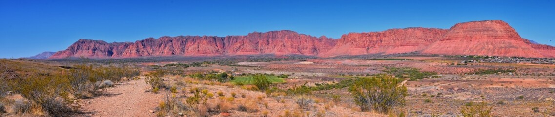 Snow Canyon Red Rock View from Petroglyphs hiking trail St George Utah on Land Hill from Ancestral Puebloan and Southern Paiute Native American settlements. USA.
