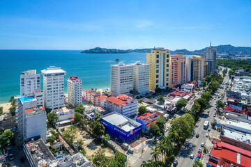Aerial view of Acapulco city famous golden zone buildings