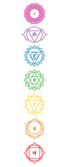 Rainbow colored chakra symbols. Multicolored main chakras, how they are located in the body. Root, sacral, navel, heart, throat, third eye and crown chakra. Isolated illustration, on white background.