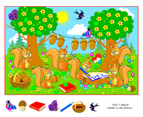 Logic puzzle game for kids. Find 7 objects hidden in the picture. Educational page for children. Developing counting skills. Play online. IQ test. Task for attentiveness. Cartoon vector illustration.