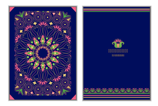 Set of two Flower mandala cards on blue background