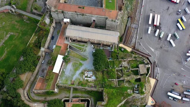 Aerial drone view overlooking the Priamar Fortress and the Savona city, Italy
