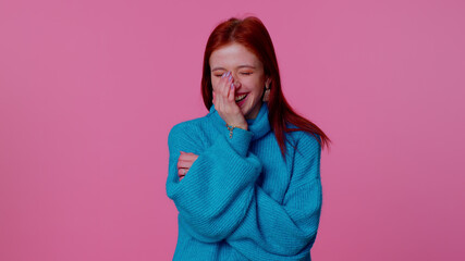Sincere teen student girl 20s years old laughing out loud after hearing ridiculous anecdote, funny joke, feeling carefree amused, positive people lifestyle. Young adult woman on pink wall background