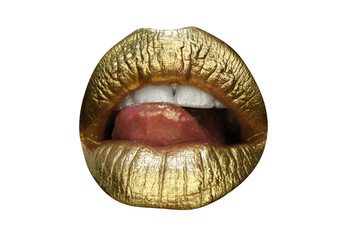 Golden lipstick closeup. Lips with metal makeup. Sexy lips, Metallic lipstick close up.