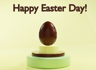 Happy Easter. Chocolate egg on the podium . Sweet Easter composition. 3D illustration.