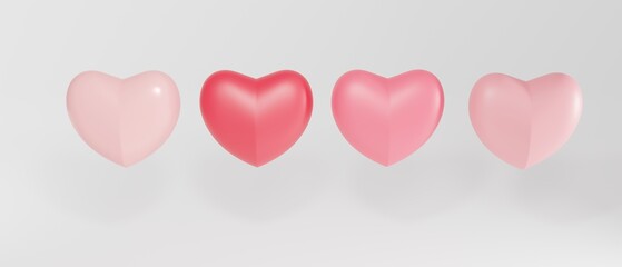 3d set pink hearts on pink background. Festive greeting concept. 3d realistic illustration