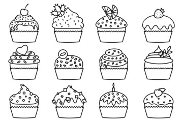 Cupcakes with cream and chocolate set. Sweet muffin collections decorated with cherry, blackberry and mint, candle, lemon, cookie, strawberry. Pastries sprinkled with tasty crumbs. Vector illustration