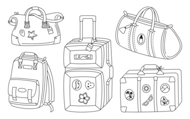 Travel suitcase bag doodle line drawn set. Luggage simple journey vacation, tourism shopping. Baggage and sticker for airplane, trip backpack for student, traveller hiking. Contour vector illustration