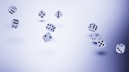 Rolling deep bronze-black dices on gray and deep blue planes background. Concept image of statistical probability, gambling activities and decisive battle. 3D CG. 3D illustration.