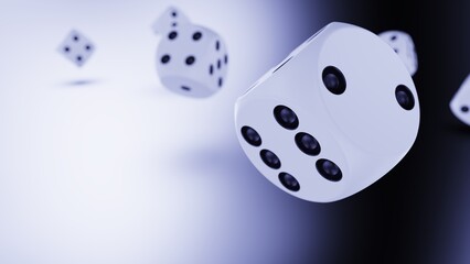 Rolling deep bronze-black dices on gray and deep blue planes background. Concept image of statistical probability, gambling activities and decisive battle. 3D CG. 3D illustration.