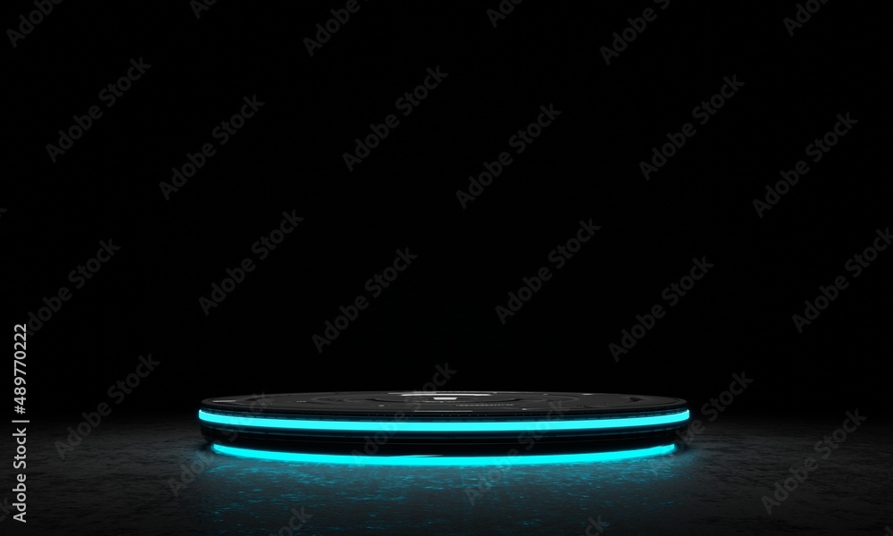 Aufkleber high-tech product podium platform studio in dark spaceship with glowing illumination neon blue light