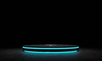 High-tech product podium platform studio in dark spaceship with glowing illumination neon blue light background. Hi-tech retro stage and Future science and technology theme. 3D illustration rendering